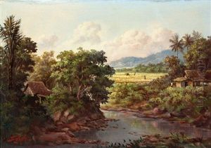 View Of Paddy Fields With A River In The Foreground by Soekardji