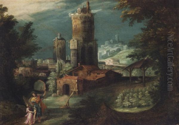 An Extensive Italianate Landscape With Jacob Wresting With The Angel - view 1