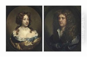 Portrait Of A Lady, Traditionally Identified As Rebecca, Lady Williamson In A Blue Dress And Golden Wrap (+ Portrait Of A Gentleman, Traditionally Identified As Sir Robert Williamson, Pair) by Gerard van Soest
