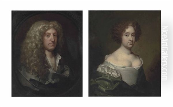 Portrait Of Sir Thomas Williamson, 2nd Bt. (1636-1783), Bust-length, In A White Shirt And Grey Wrap, In A Sculpted Oval (+ Portrait Of A Lady, Traditionally Identified As Dorothy Williamson, Nee Fenwick (d. 1703), Half-length, In A White Dress - view 1