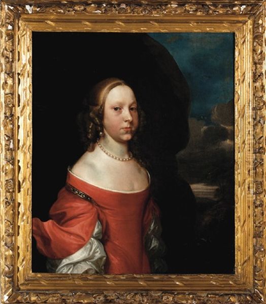 Portrait Of A Lady In Red, Wearing A Stand Of Pearls - view 1