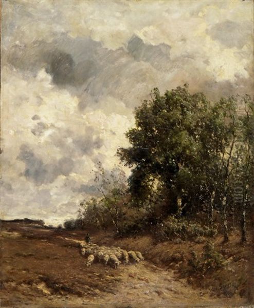 Hirt Mit Schafherde Auf Einem Sandweg Mit Birken - view 1