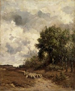 Hirt Mit Schaftherde Auf Einem Sandweg Mit Birken by Louis Willem Van Soest