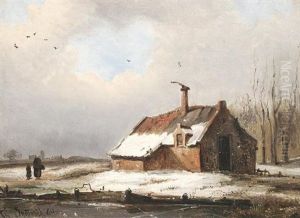 Bauernkate An Kleinem Kanal In Verschneiter Winterlandschaft. Im Hintergrund Die Silhouette Eines Kirchdorfes Bauernkate An Kleinem Kanal In Verschneiter Winterlandschaft. Im Hintergrund Die Silhouette Eines Kirchdorfes