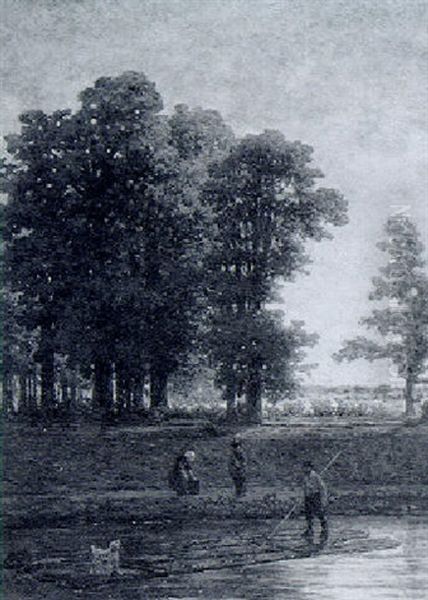 A Wooded Landscape With A Boy And His Dog On A Raft - view 1