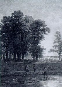 A Wooded Landscape With A Boy And His Dog On A Raft