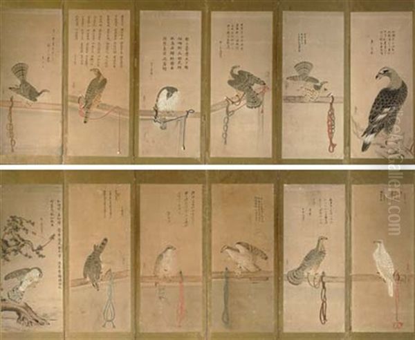 Falcons On Stand And Eagle, With Poems (12 Works Mounted As Pair Of Screens) - view 1
