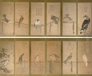 Falcons On Stand And Eagle, With Poems (12 Works Mounted As Pair Of Screens) by Chokuan Soga