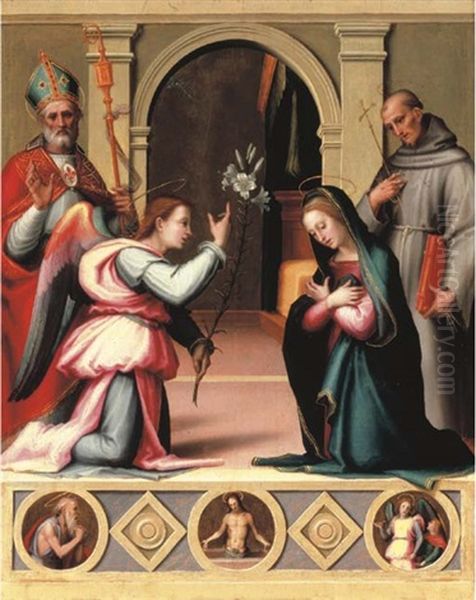 The Annunciation With Saints Zenobius And Francis Of Assisi, Above A Trompe L'oeil Predella Panel With Roundels Depicting Saint Jerome... by Giovanni Antonio Sogliani