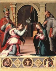 The Annunciation With Saints Zenobius And Francis Of Assisi, Above A Trompe L'oeil Predella Panel With Roundels Depicting Saint Jerome...