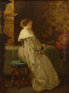 Im Salon. Dame Sitzt Gedankenverloren An Einem Tisch by August Wilhelm Sohn