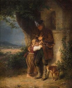 Wandermusiker Mit Weinendem Madchen Vor Einem Marterl by Richard Sohn