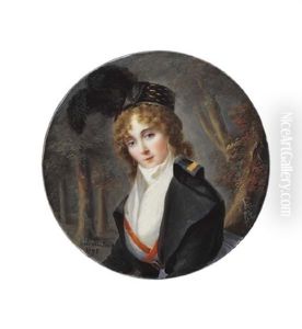 A Young Lady In A Wood, In Black Coat, Red-bordered Purple Dress With Black Belt With Gold Buckle