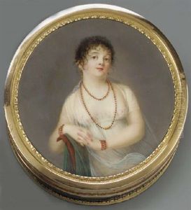 A Young Lady With Her Right Arm Leaning Over The Back Of A Wooden Chair, In Lace Bordered Decollete White Dress