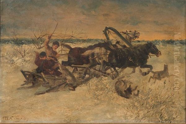 Two Hunters In Troika Warding Off Wolves - view 1