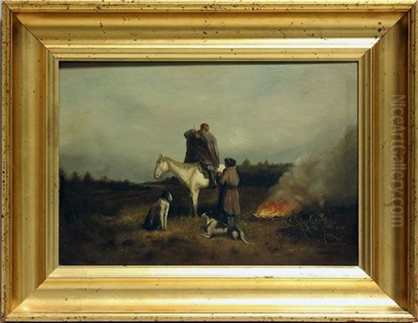 Zwei Jager Mit Pferd Und Barsois Am Lagerfeuer - view 1