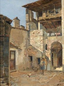 Italienischer Hof Mit Mutter Und Kind by Achille Solari
