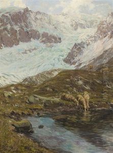 Weidende Schafe Unterhalb Des Segnasgletschers by Alexander Jules Von Soldenhoff