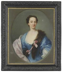 Portrait Of A Lady, Half-length, In A Blue Dress, Pink Wrap And Fur Stole, In A Feigned Oval