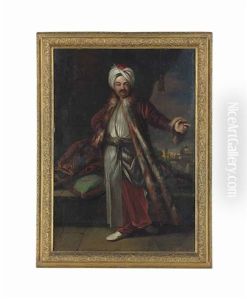 Portrait Of A Turk, Small Full-length, In Long, Striped Garments, A Fur-lined Coat And A Turban, On A Portico, A Mosque Beyond