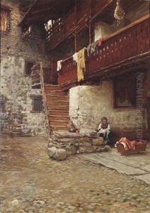 Innenhof Eines Bauerngehoftes Mit Figurlicher Staffage