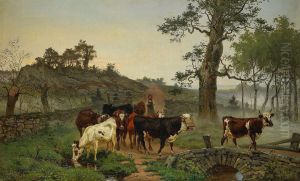 Landskap Med Boskap Vid Stenbro - Aftonstamning by Gustaf Brandelius