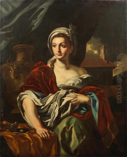 Portrait Of A Lady, Three-quarter-length, Standing Before A Blue Curtain - view 1