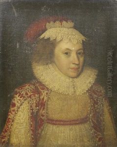 Portrait Of A Lady, Bust-length, In A Red, White And Gold Embroidered Dress, With A Lace Cap And Red Feather