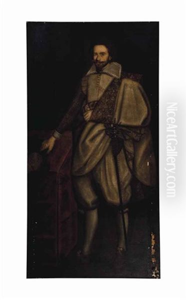 Portrait Of A Gentleman, Full-length, In A White Doublet And Gold Embroidered Cloak, Holding A Hat By A Table - view 1