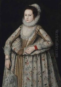 Portrait Of A Lady, Three-quarter-length, In A Lace-trimmed And Gold-embroidered Floral White Dress, With Lace Cuffs, A White Ruff