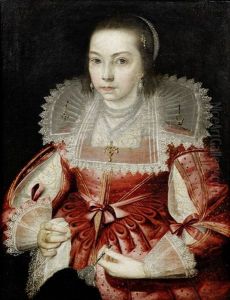 Portrait Of A Girl In A Pink Silk Dress And A Bejewelled Lace Collar And Headdress, Holding A Lace Handkerchief And An Ostrich Feather Fan