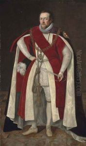 Portrait Of Henry Brooke, 11th Baron Cobham (1564-1618/9), Full-length, In Garter Robes, Wearing The Chain Of The Order Of The Garter by Paul Ii Van Somer