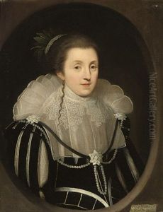 Portrait Of Diana Drury, Viscountess Wimbledon (?-1631), Half-length, In A Black Dress With Slashed Sleeves, Pearls And Ribbons, In A Feigned Oval