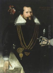 Portrait Of A Gentleman In A Black Doublet With A Medallion On A Gold Chain by Paul Ii Van Somer