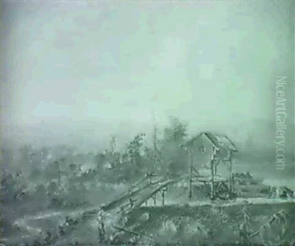 Fisherman Corssing River By An Old Gristmill - view 1