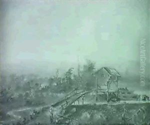 Fisherman Corssing River By An Old Gristmill by Frederic Thomas Somerby