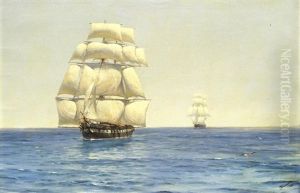 Two Royal Navy Corvettes On Patrol In The Southern Ocean, Their Stun'sails Set To Catch The Best Of The Light Winds by Thomas Jacques Somerscales