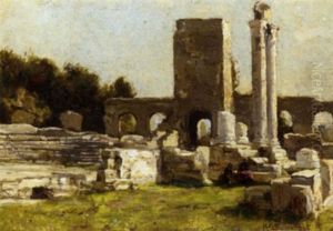A View Of The Roman Theater At Arles With Figures Seated Amongst The Ruins