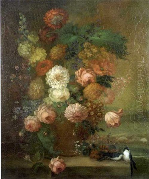 A Still Life Of Carnations And Dahlias In A Vase, With Swallows On A Ledge Beside - view 1