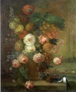 A Still Life Of Carnations And Dahlias In A Vase, With Swallows On A Ledge Beside