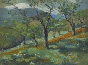 Hillside Landscape With Snow Capped Mountains Beyond by Edith Oenone Somerville