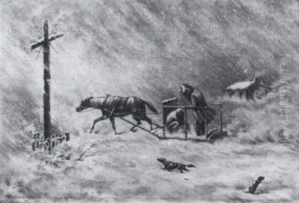 Horsedram Sled Passing The Wayside Cross In A Blizzard - view 1