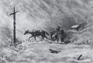 Horsedram Sled Passing The Wayside Cross In A Blizzard by Martin Somerville