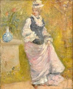 Portrait De Jeune Femme En Pied Au Chapeau A Cote D'un Vase De Fleurs by Henry Somm