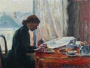 A Young Woman Sitting At The Breakfast Table In The Sunlight by Jacob Kielland Somme