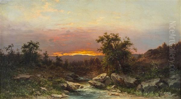 Hirsche Am Wildbach Bei Sonnenuntergang - view 1