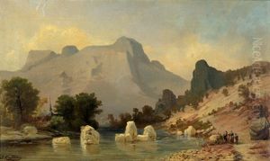 Ansicht Eines Gebirgssees In Den Alpen Mit Wanderern Am Ufer by Friedrich (Carl Johann Fr.) Sommer