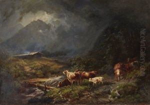 Cows In A Mountainous Landscape by Otto Sommer