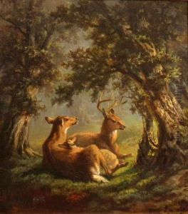 Deer Family In A Forest Clearing by Otto Sommer