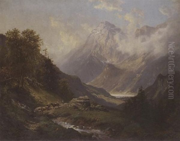 Heimkehrende Kuhherde Vor Gebirgslandschaft - view 1